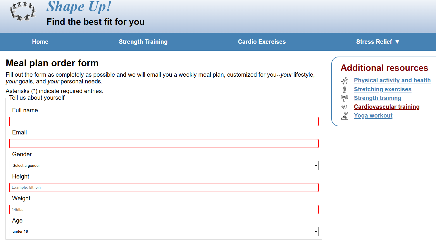 A webpage with a form.